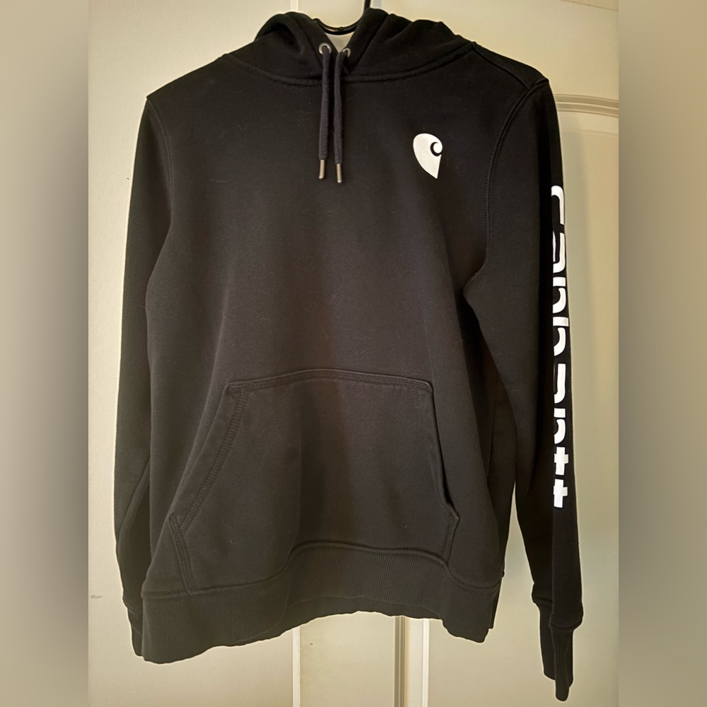 Carhartt Black Hoodie with White Sleeve Logo women’s sm 4-6